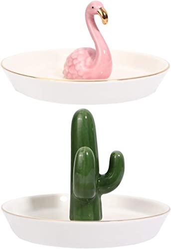 DITUDO 2 Stück Keramik-Ringhalter Kaktus Flamingo Schmuck Ringhalter Tellerhalter Ohrring Halskette Display Tablett for Desktop Fenster Badezimmer Dekoration