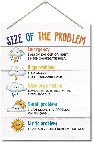 Size of Problem Calming Corner Decor Schild, hängende bedruckte Wandtafel Holzschilder, Schule Psychologe Wandkunst für Bürodekoration, Berater-Poster, Kindertherapie, Psych Diversity 25.4x19.8 cm