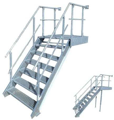 Podesttreppe / 6 Stufen + Podest Stahltreppe mit beids. Geländer/Stufenbreite 100cm / Geschosshöhe 100-140cm