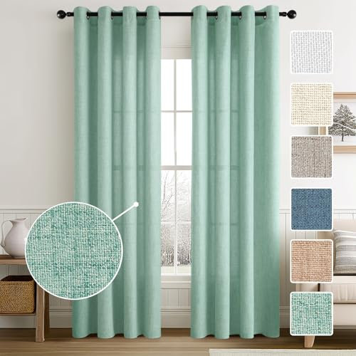 MIULEE Tende Lino con Anelli Effetto Lino Soggiorno Moderna Tenda Voile Semitrasparenti Naturale 2 Pezzi, 140 x 215 cm Verde Menta