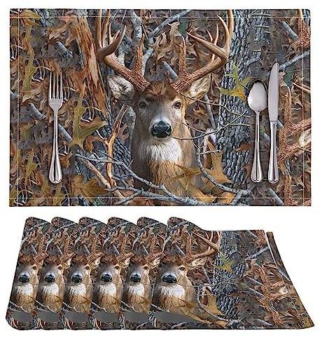 ZFRXIGN Camo Hirsch Tischsets 6er Pack Hitzebeständig Fleckenabweisend Tischmatten rutschfeste Platzsets für Küchentisch Waschbar Jagd Waldbraun