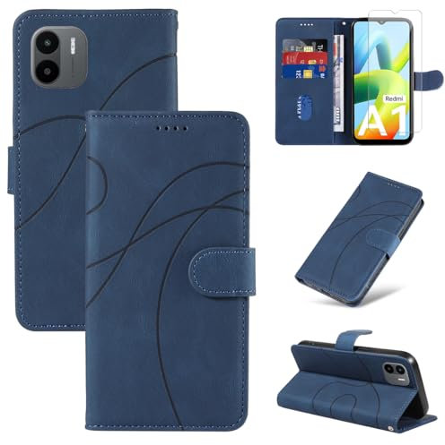 Coque pour Xiaomi Redmi A2 / A1 avec 1 Pièce Protection Écran en Verre Trempé, Housse PU Cuir à Rabat Flip, Étui Support et Portefeuille Fonction (Bleu)