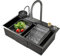 Fregadero de cocina con grifo de cascada, fregadero de acero inoxidable negro, fregadero grande de un solo cuenco, incluye arandela de taza y todos los demás accesorios (75 x 45 x 22 cm)