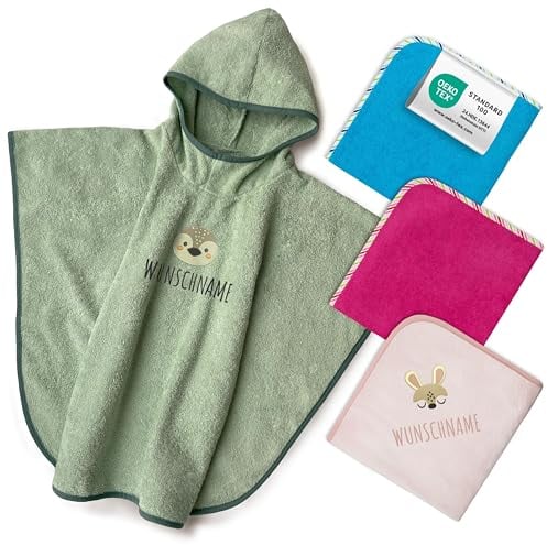 Badeponcho Kinder mit Namen Bestickt, Oeko-TEX® Standard 100 - Personalisiertes Kapuzenhandtuch aus Reiner Baumwolle mit gesticktem Namen und Motiv (Dunkelgrün)