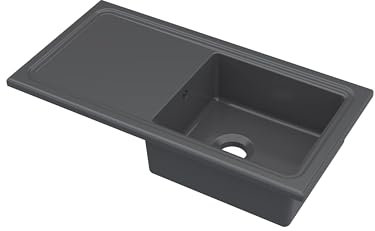 Balterley Ceramic Kitchen Sink with Drainer & Overflow Hole, 101cm Bowl Inset Fireclay Black Kitchen Sink, Single Bowl Reversible Ceramic Sinks with Plain Drainer - 1010 x 525 x 235mm (Dark Grey)