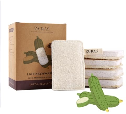 ZURAS® - 8 vegane Luffaschwämme, Peelingschwamm und Reinigungsschwamm, umweltfreundlicher Schwamm zur Hautreinigung, Geschirrspülen, Oberflächenreinigung und Fleckenentfernung