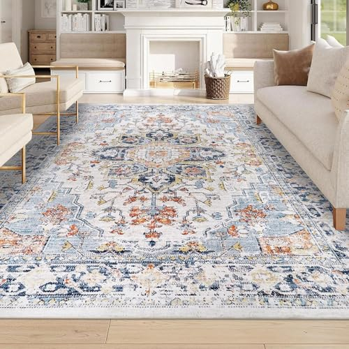 Homcomodar Vintage Teppich Wohnzimmer 122x170cm Teppich Schlafzimmer Waschbar Boho Wohnzimmerteppich Weiche Teppiche Kurzflor für Wohnzimmer Esszimmer Küche(Blau)