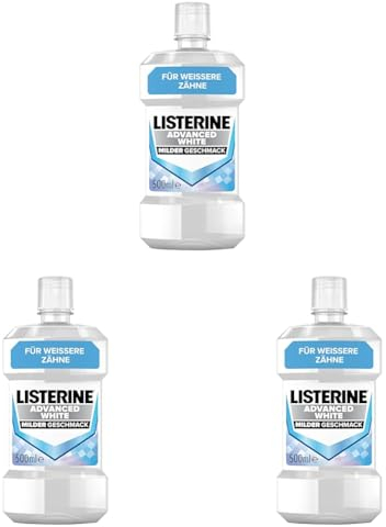 LISTERINE Advanced White Milder Geschmack (500 ml), Mundspülung zur Entfernung hartnäckiger Zahnverfärbungen, für weißere Zähne in nur 1 Woche, Mundwasser bekämpft wirksam Bakterien im Mundraum