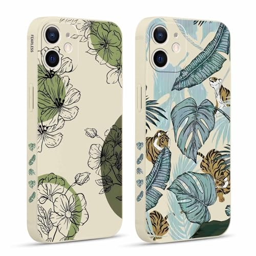 Pnakqil 2 stück Handyhülle für Apple iPhone 12 6,1, Blätter Blumen Hülle lustiges Funny Hülle Süßes Bemaltes Muster Aesthetic Design Schutzhülle Silikon Slim Stoßfest Kratzfest Case für iPhone 12, 12