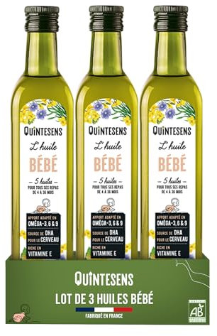 Lot 3 Huiles Bébé QUINTESENS 250 ml - Apports en DHA, Oméga 3, 6 & 9 et Vitamine E pour un Développement Solide pour la Vie - Production 100% Française & Biologique