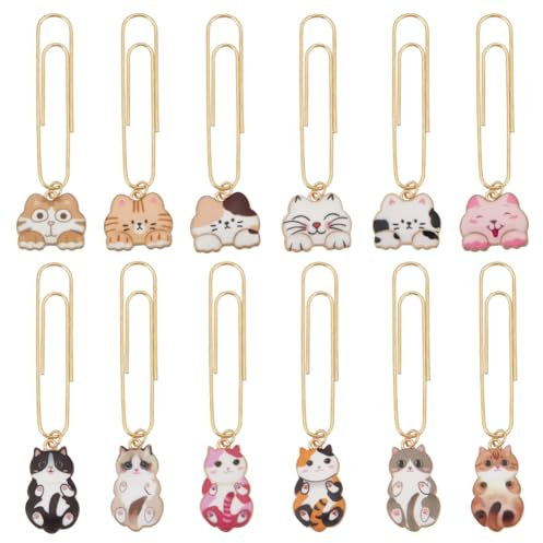 OLYCRAFT 12 Stück Büroklammern Aus Emaille Mit Katzenanhänger 6.5-7.5 cm Kreative Büroklammern Lesezeichen Schöne Tier-Büroklammer Lesezeichen Für Die Organisation von Bürodokumenten 12 Stile