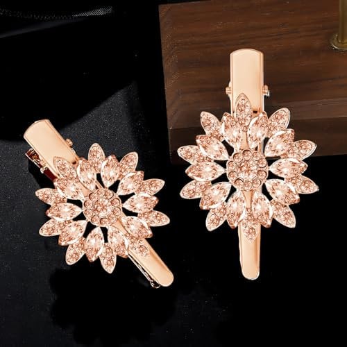 Crystal Barrette Hair Clips - 2Pcs French Barrette Rhinestone Flower Hair Clip For Women - Wedding Guest