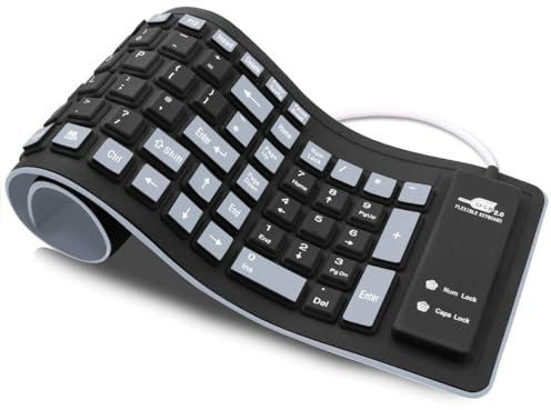 HELZOI Upgrade UK Layout Flexible Keyboard, Waterproof Foldable Portable Soft Silicone USB Wired Roll-up Silica Gel Computer PC Desktop Keyboard for Laptop Notebook PC Mac (Black+Grey)