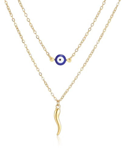 VASSAGO Evil Eye Halskette, italienisches Horn-Anhänger, mehrlagige Halsketten für Damen, türkisches blaues Auge, Glücksschutz, Schmuck, Geschenk für Damen und Herren, Einstellbar, Edelstahl, Kein