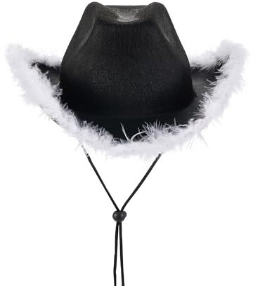 LYSINK Cowboyhut für Damen, flauschiger Pelzbesatz, Cowgirl-Hut, breite Krempe, hohe Kappe, Filz, Kuhhhüte, Rave-Junggesellenabschied-Zubehör, A-Schwarz-Weiß-Flaum, Einheitsgröße