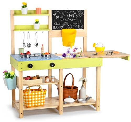 Dreamon Cocinita Infantil de Madera, Cocina Juguete Exterior con Fregadero extraíble, Pizarra, Juguetes de jardín y Accesorios de Cocina de Acero Inoxidable, Cocina Juguete para niños 3+ años