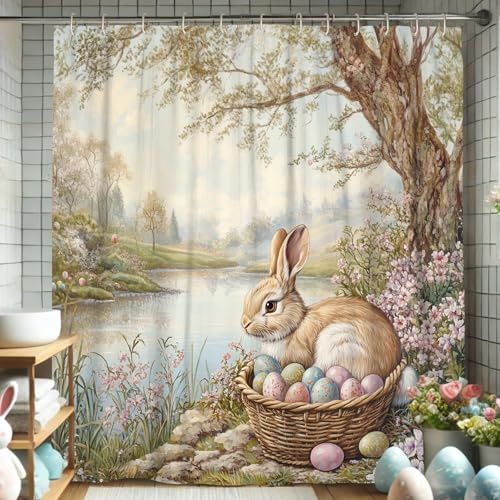 Oster-Duschvorhang, Aquarell-Hase mit bunten Eiern für Badezimmer-Dekoration, Frühlings-Saisonal, niedliches Blumenmuster, wasserdichter Stoff-Duschvorhang mit Haken, 157 x 183 cm
