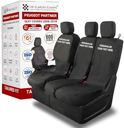 To Fit Peugeot Partner Seat Covers 2008-2018 Front Set | Waterproof & Heavy Duty, Airbag Compatible, Easy To Fit, Personalisation Available - Tailored Driver & Double Passenger Black