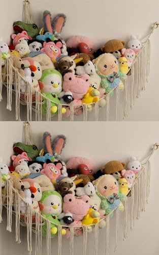 2Pack Kuscheltier Aufbewahrung Netz, Ecke Kinderzimmer Hängend Spielzeug Organizer, Makramee-Stofftier-Hängematte für Kuscheltiere Teddy (Weiß)