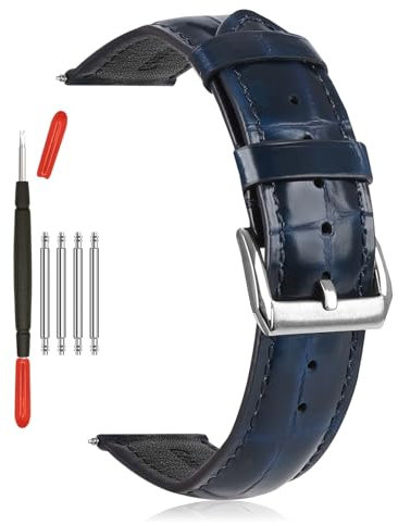Vellsar XL Leder-Uhrenarmbänder für Herren, verlängerte Echtleder-Uhrenarmbänder, Alligator-Maserung, geprägtes Uhrenarmband, Ersatz (blau/silberne Schnalle, 21 mm)