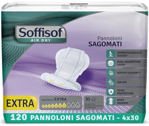 Soffisof Air Dry Inkontinenz-Vorlage für Frauen und Männer Extra - 120x Erwachsenen Windeln - 4 Packungen mit 30 Windeln, 7 Tropfen - anatomische Windel