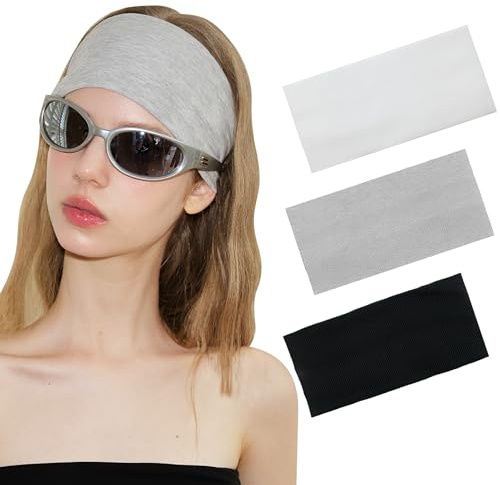 Set di 3 fasce per capelli da donna, fascia larga, elastica, morbida, elastica, antiscivolo, fasce alla moda, accessorio per capelli, sport, yoga, corsa, fitness, esercizio (nero bianco grigio)