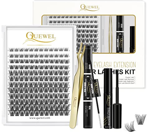 QUEWEL 144 Pcs DIY Wimpern-Extensions, Lash-Extension mit langanhaltenden Cluster-Lashes Bond und Seal, natürliche Lash-Cluster für Anfänger zu Hause (QU-RR-DH-02)