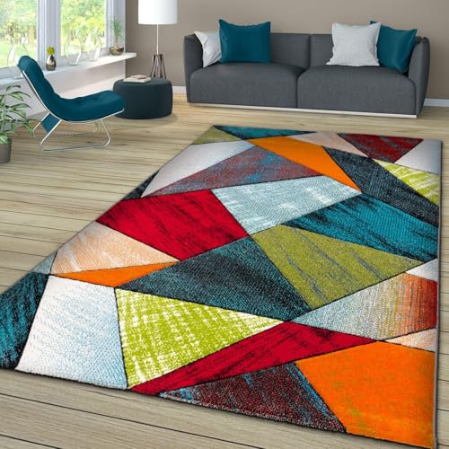 TT Home Wohnzimmer Teppich Bunt Kurzflor Wohnzimmerteppich Meliert 3D Optik Geometrisch, Farbe: Grün Rot Blau, Größe:160x230 cm