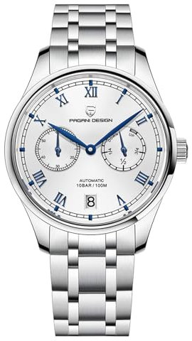 Pagani Design Herrenuhr Classic 41mm Automatik Mechanische Edelstahluhr Saphirglas Wasserdicht Datum Luxus Casual Uhr (Stahlweiß)
