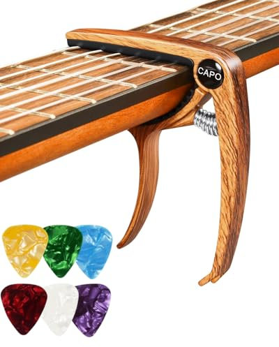 TPZORJX Kapodaster für Gitarre Capo Gitarren mit 6 Plektren, Capodasta Gitarre für Ukulele Westerngitarre E-Gitarre, Metall Holz - Holzmaserung