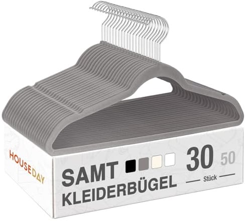 HOUSE DAY Kleiderbügel Samt 30er Set, rutschfeste Bügel, Dunkles Grau | Kleiderbügel Platzsparend, Samtbügel Schmal mit 360° Drehbarer Haken, für Hemden, Anzüge, Mäntel, Pullover, Hosen