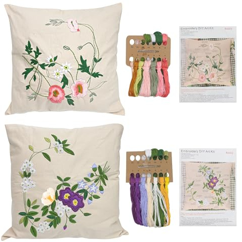 Lot de 2 kits de coussins brodés comprenant une housse de coussin avec grands dessins et fermeture éclair, des aiguilles, des fils et des kits d'instructions pour l'artisanat en dentelle (motif floral