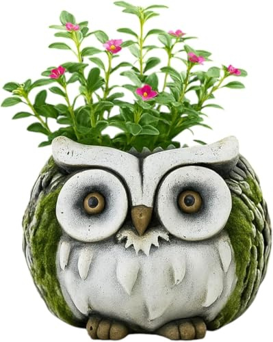 Divas World White Faced Owl Cement Planter 15cm Animal Shaped Garden Pot Heavyweight 1.7kg Durable Outdoor Indoor Decorative Plant Holder Cute Rustic Ornament (1)