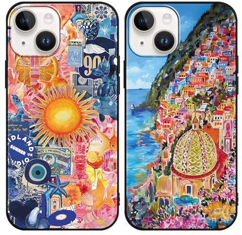 Foonary 2 Stück Handyhülle für iPhone 14/iPhone 13 Hülle 6,1 Aesthetic Ozean Niedliche Muster Design Frauen Cover Case Ultra Dünn Weich Silikon TPU Stoßfest Kratzfest Schutzhülle, Schwarz