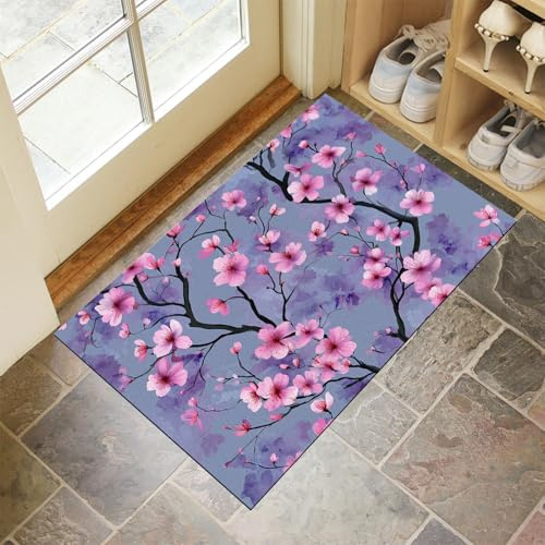 50X80Cm Washable Small Entryway Area Rugs, Front Door Mat Watercolor Cherry Blossoms Indoor Machine Mats, Japanese Plants Non Slip Low Pile Mat For Bedroom Nursery Kids Room Entry Blue And Purple