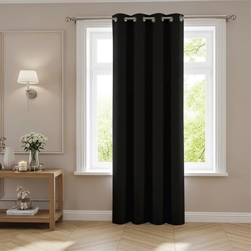 funky gadgets Blackout Curtains for Bedroom 90 Inch Drop Thermal Insulated Eyelet Curtains & Drapes Black Out Curtain for Kitchen, Living Room 1 Panel (90x90 Inch Black)