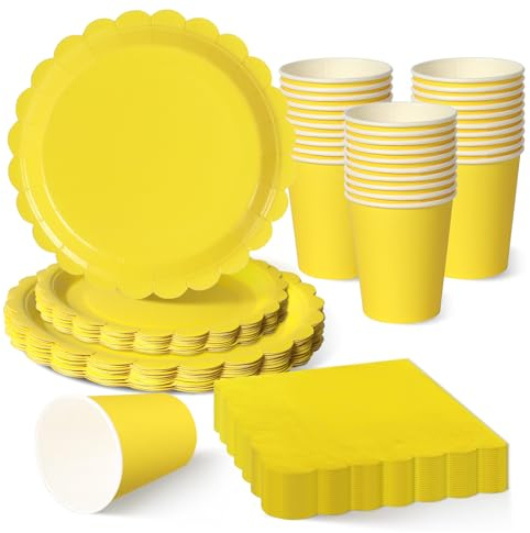 120pcs Yellow Party Plates Cups and Napkins for 30 Guests | 7-inch & 9-inch scalloped plates, cups, napkins, kids birthday party, summer festival, sunny celebration