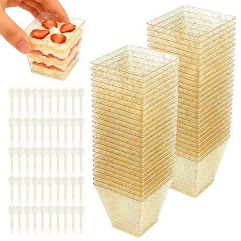 UTOCLEC Tasses à Dessert, 50 PCS 70 ml Gobelet à Crème Glacée Carrés avec cuillères, Gobelets Verrines à Dessert Réutilisables, Plastique pour Mousse, Crème Glacée, Tiramisu