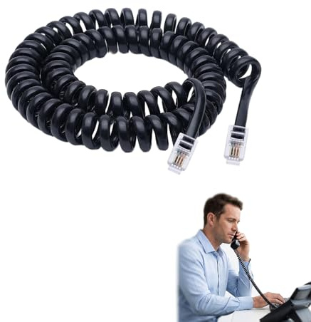 Larebidtex 5M RJ10 Teléfono Cable Plomo Rizado Espiral en Espiral, para Auricular Compatible con Teléfonos Fijos TI, Cisco, ROLM, ITT, NEC (Negro)
