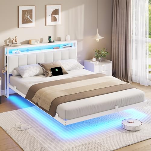 AOGLLATI Polsterbett 160x200 cm mit Ladestation & LED-Beleuchtung,Doppelbettgestell mit Stauraum Kopfteil & Lattenrost, Schwebender visueller Effekt,Modern Bettgestell, PU, Weiß (Ohne Matratze)