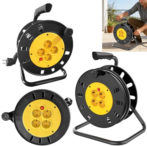 Kabeltrommel 15m, Verlängerungskabel mit 4 Ports, Kabelaufroller mit Halterung, Stromtrommel für Elektrogeräte, Überhitzungsschutz, Kompaktes Design, Einfaches Aufwickeln, Haltbar