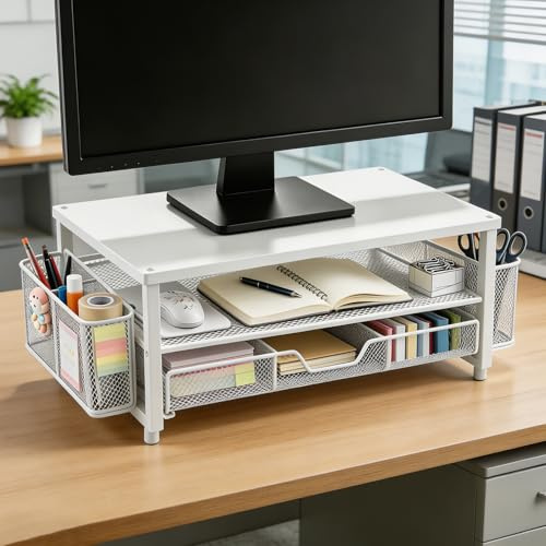 Rialzo per monitor, supporto ergonomico per monitor con cassetto e 2 portapenne, organizer da scrivania per schermo laptop, supporto da scrivania come accessorio da ufficio per postazione di lavoro e
