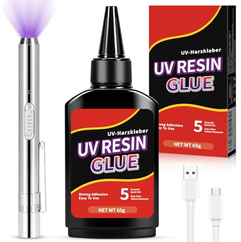 Resina UV 65g,Kit de Resina UV Transparente con Luz UV Recargable,Curado Rápido 5 Segundos,Pegamento UV para Joyería, Reparación de Plástico y Vidrio, Bricolaje y Manualidades(B)