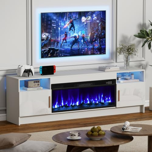 Quiniver 70 White Electric Fireplace TV Stand With 36 Built-In Fire | 750W/1500W heat,12 flame colours,20 LED hues,8H timer,overheat safety,large storage,gloss finish,UKCA CE certified home unit