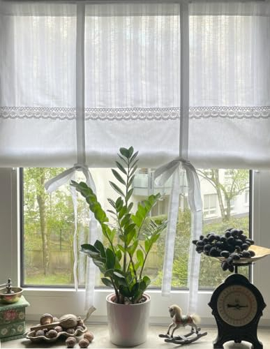 Leinenshop24 Landhaus Gardine Weiß mit Spitze Raffrollo 100x100 Shabby Chic Retro Vintage Lola