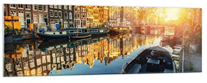 Panorama Bilder auf Glas 160x50cm Glasbild Kanal Boot Amsterdam Wasser Groß XXL Wanddeko Bild im Glas Schlafzimmer Küche Wandbilder Dekoration Wohnzimmer Modern Wand Kunstdruck Art GAB160x50-2857