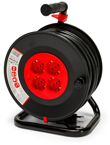 Velamp Prolunga Elettrica con Avvolgicavo 25mt - 4 Prese Polivalenti (Schuko + 10/16A) - Spina Grande 16A - Interruttore di Protezione – Cavo elettrico multipolare 3G Sezione 1,5 mm²