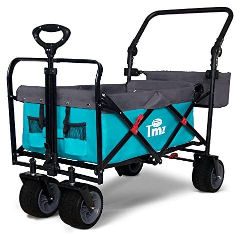 TMZ Faltbarer Bollerwagen All-Terrain Gartenwagen mit Fußbremse, Patentierter Breiter Auto-Reifen Klappwagen, 90 L Handwagen, 360 ° -Lenktransportwagen für Vorderrad, Last bis 120kg(Himmelblau)