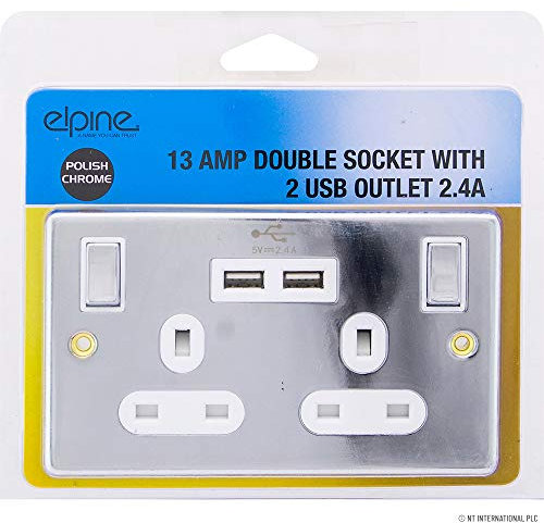 New 13 AMP Chrome Polish Socket Double Switch USB Plug 2 Gang Power Electric