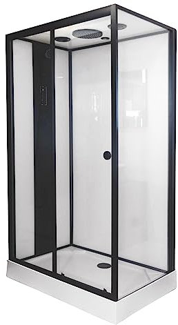 ONDÉE, Cabine de douche hydromassante NOGEA, Montage sans silicone, accès de face porte coulissante verre 6mm, 120x80x220cm, Profilés Aluminium noir, Livrée en kit